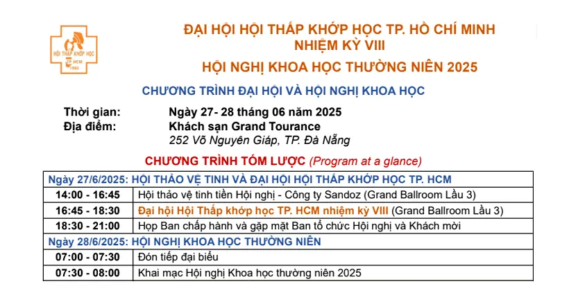 Chương trình đại hội Hội thấp Khớp Học TP.HCM nhiệm kỳ VIII & Hội nghị khoa học thường niên 2025