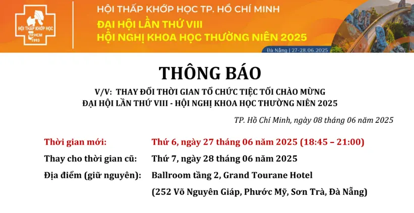 Thông Báo: Thay đổi thời gian tổ chức tiệc tối chào mừng Đại hội lần thứ VIII - Hội nghị khoa học thường niên 2025